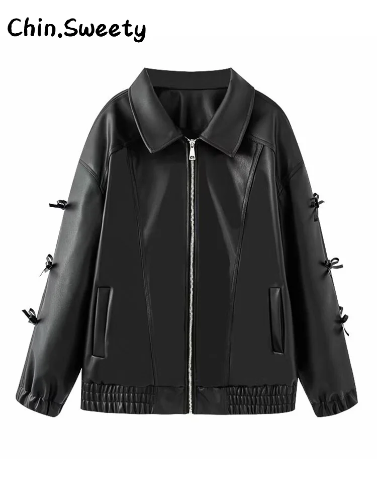 Damska kurtka skórzana z zamkiem błyskawicznym, czarna, z klapami, długim rękawem, kieszeniami, uniwersalna, elegancka odzież wierzchnia na jesień 2025, idealna do pracy.