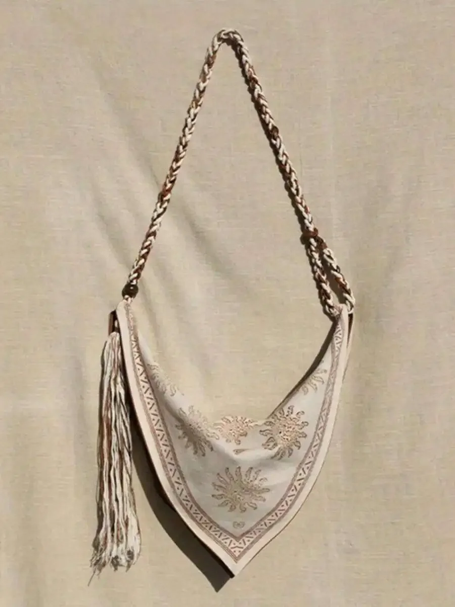 

Bohemian Linen Crossbody Bag With Embroidery And Tassel, Lightweight Shoulder Bag For Women