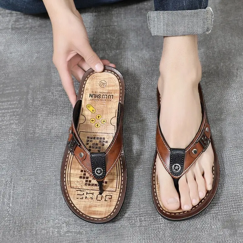 Shiatsu Male Slipper Soft Men\'s Shoe Beach Outdoor Sabot Flat Leather Flip Flops Slides Elegant Original High Quality Fashion