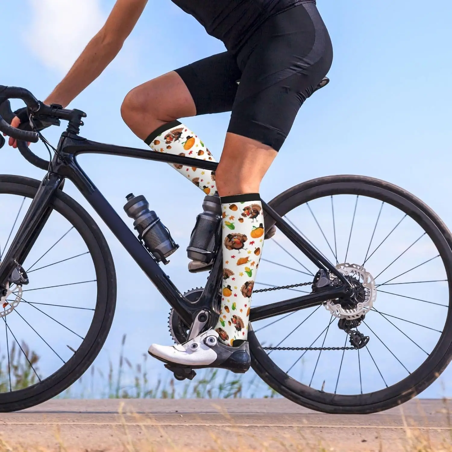 Kaus Kaki Kompresi Hari Thanksgiving Motif Labu dan Ayam, Kaus Kaki Penyangga Setinggi Lutut untuk Wanita Pria, untuk Lari, Olahraga, dan Mendaki