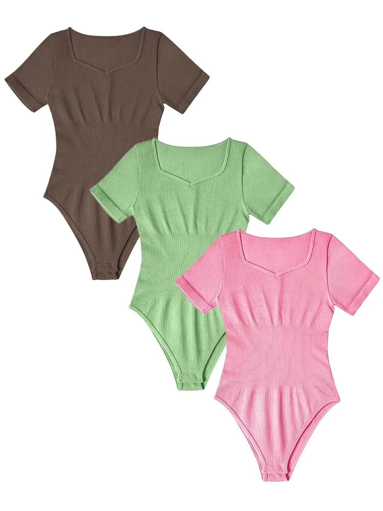 Summer Women's New Bodysuit Short Sleeve Casual Tights Top Solid Color Seamless Yoga One Piece Bodysuit