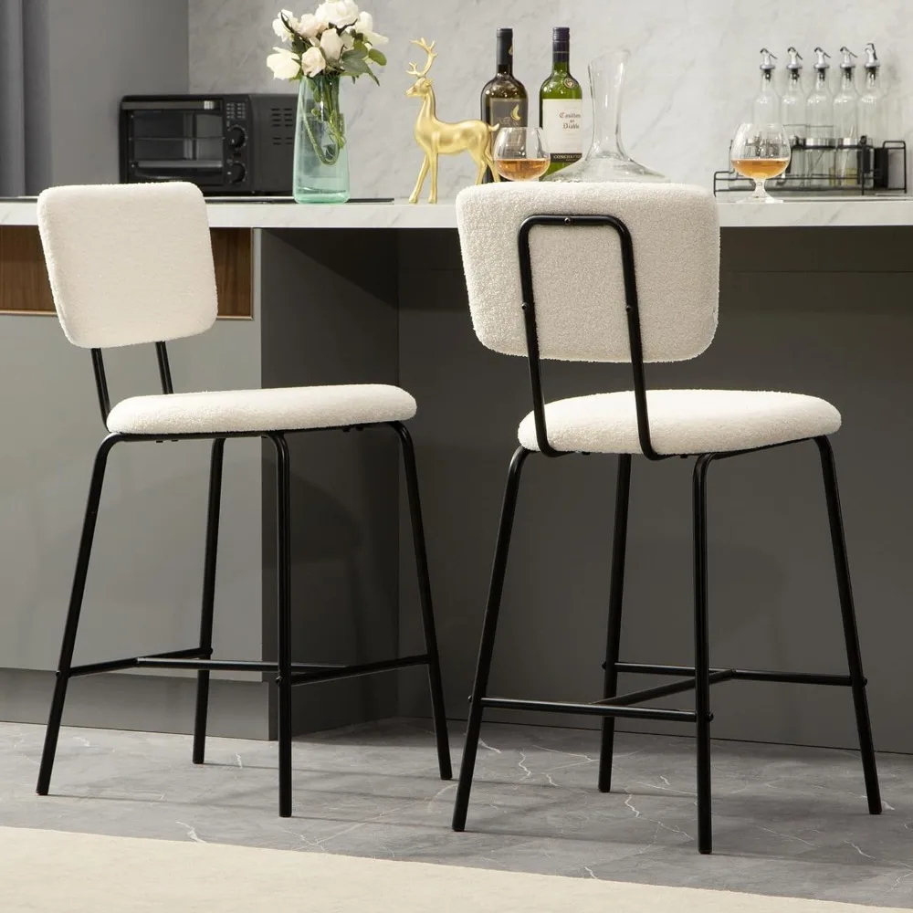 Barstools ชุด 2 ความสูงเคาน์เตอร์เก้าอี้บาร์: โมเดิร์นสีขาวเบาะ Boucle ผ้าเก้าอี้บาร์สําหรับห้องครัว Bistro Pub Armless