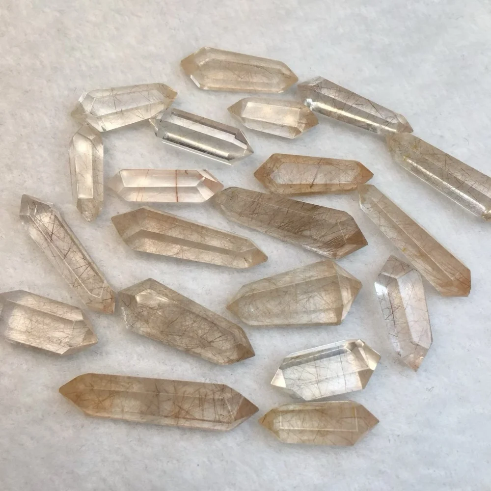 

3PCS Natural Rabbit Hair Quartz Two Point Carving Crystal Crafts Energy Gemstone Healing Stone Crystal Carved Plant Gift 17MM