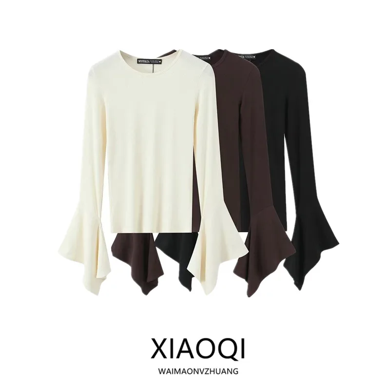 Winter 2025 Women's Faion round Ne T-irt Mixed Fabric Decorative Sve Layered Sle Commute Sle Slim Fit Long Sve