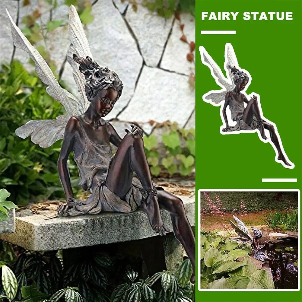 Flower Fairy Resin Statue Decoration Outdoor Garden Angel Girl Sitting Figurines Sculpture Craft Landscaping Yard Art Ornament