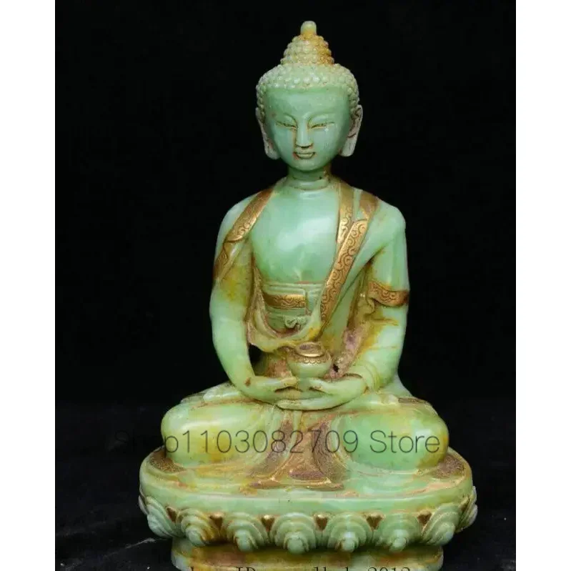 

8" China Natural Old Green Jade Jadetie Shakyamuni Amitabha Buddha Sculpture