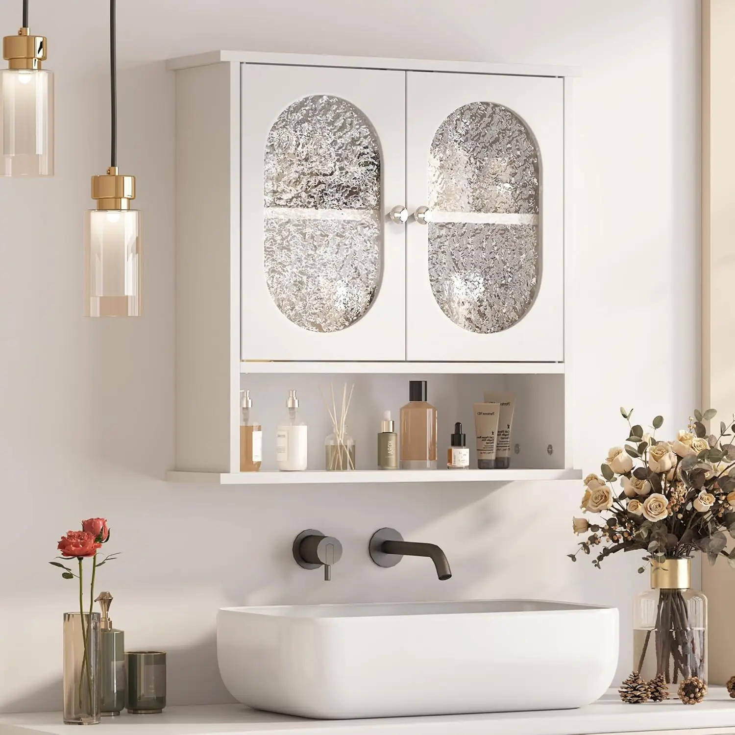 

Medicine Cabinet for Bathroom,2 Acrylic Doors White Oval Bathroom Wall Cabinet,Over Toilet Storage