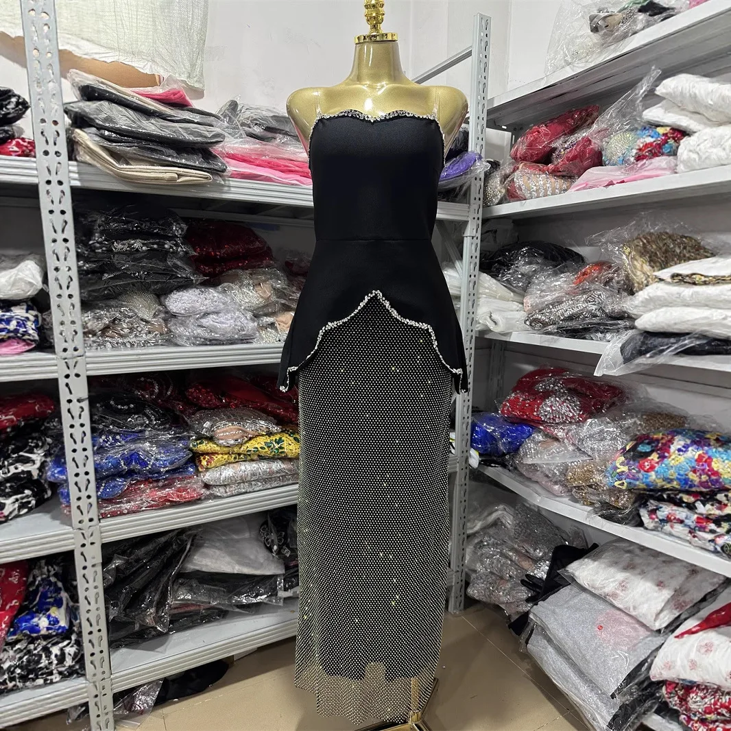 

Factory Sale Women New Designer Crystal Beading Glitter Bandage Outfits Strapless Short Front Long Back Top And Skirt Two Pieces