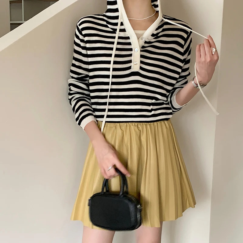 Damska bluza z kapturem z wełny owczej na wiosnę i jesień, nowa, w paski, z długim rękawem, zapinana na pół guzika, luźna, codzienna, elastyczna bluza/top.