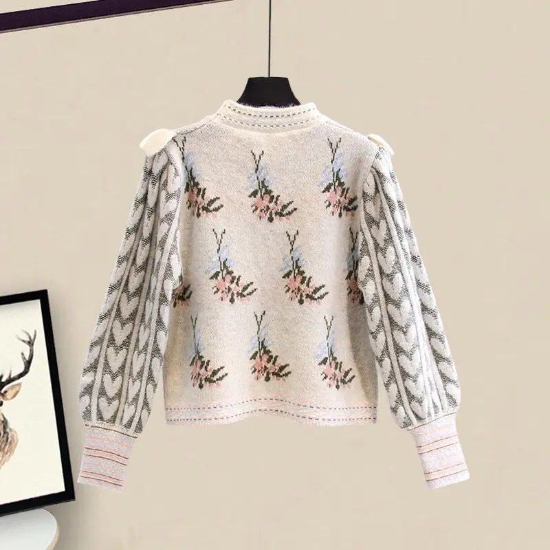 Jesienno-zimowa 2022 nadruk w stylu Vintage dzianinowy sweter Casual weลniane spodnie dwuczฤลciowy zestaw eleganckie spodnie dla kobiet zestaw
