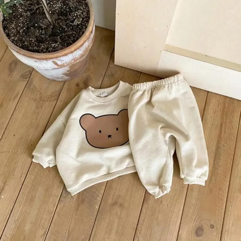 2024 Autumn Baby Girl Clothing Set Infant Cartoon Bear Print Tops + Pants 2 Pieces Suit Toddler Boys Cotton Sweatshirt Trousers