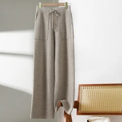 2024 New Women's Wool Pants 100% Wool Knitted Women's Wide Leg Pants Pocket Fashion Hot Selling Women's Pants