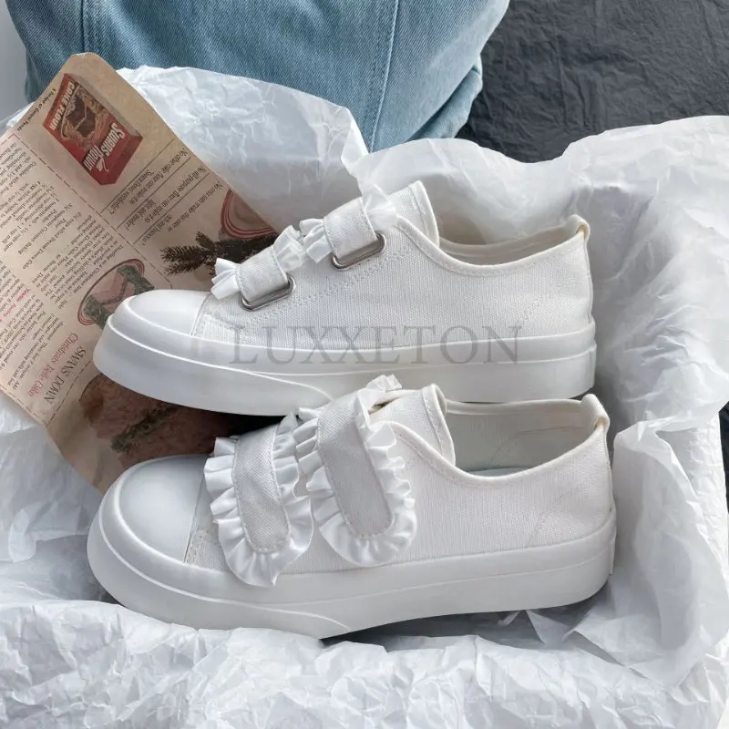 Shoes White Canvas Sneakers Women Lace Hook Loop Korean Lolita Shoes Platform Students Casual Women\'s Tennis Sports Shoes