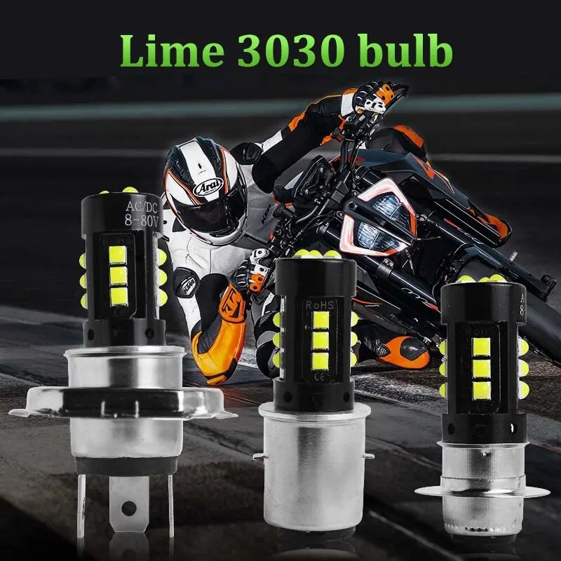 1Pc Lemon Green 3030 15LED Motorcycle Headlight Foglight 12-80V H4/H6 BA20D/P15D 3030LED High/Low Beam Motorcycle Bulb