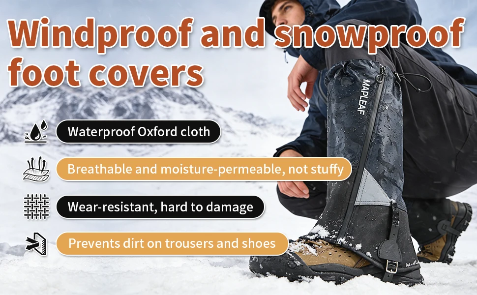 MAPLEAF Schneeschutzmanschetten Wasserdicht Leichtgewichtig 600D Oxford TPU-Band Stahlhaken Reflektierend für Alpen- und Bergwanderungen im Winter Outdoor – Detail 1