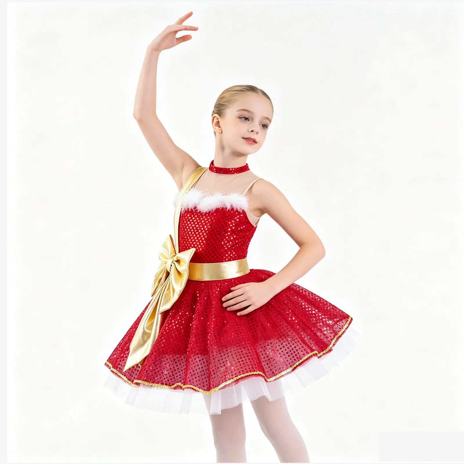 Girls Christmas Xmas Elf Candy Cane Mrs Santa Claus Cosplay Costume Sequins Gymnastics Skating Ballet Dance Leotard Dress - view 2