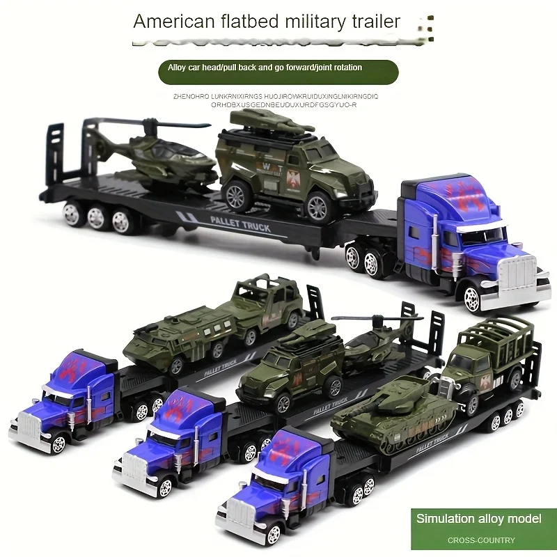 1 set, 1:64 alloy American military flatbed transport vehicle + 2 small vehicles (styles random), alloy military vehicle transpo