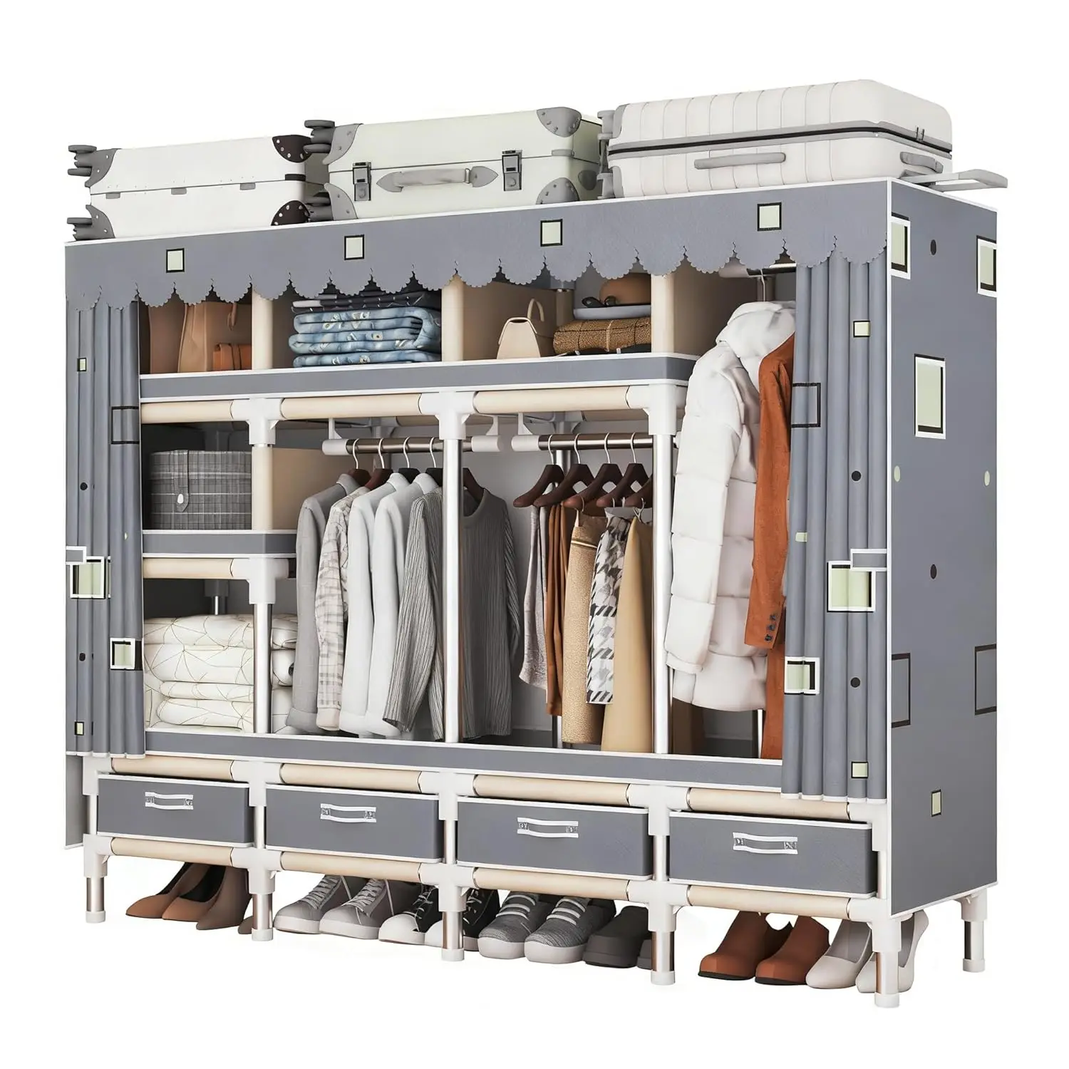 

Portable Closet Wardrobe 64 Inch Freestanding Closet for Hanging Clothes Metal Wardrobe Closet Organizer Easy, Customized