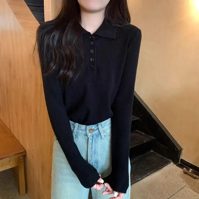 

New Autumn and Winter Polo Collar Long Sleeved Knitted Sweater Tops for Women Knitwear Pullover Women's Front Shoulder Slim Fit