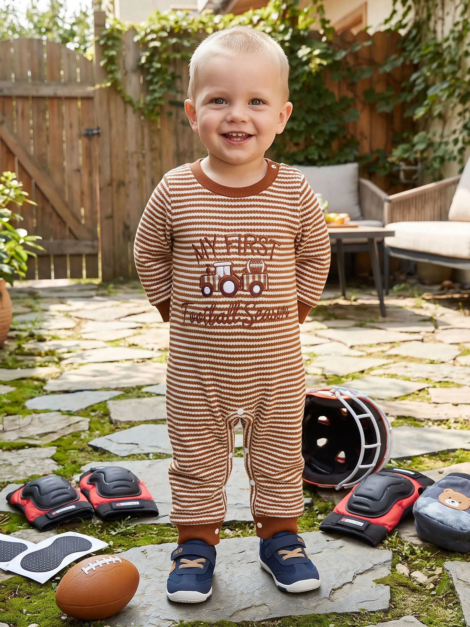 Stripes Romper Long Footless-Jumpsuit Print Baby Boy Fall Round Neck Stripes Fall Round Neck High Quality