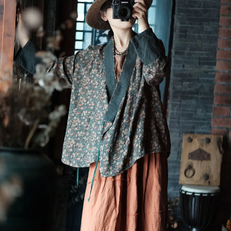 

Literary Floral Splicing Lace-up Women's Summer Leisure Cotton Short Jacket Kimono Wrap Front Chinese Hanfu Style Loose Outwear