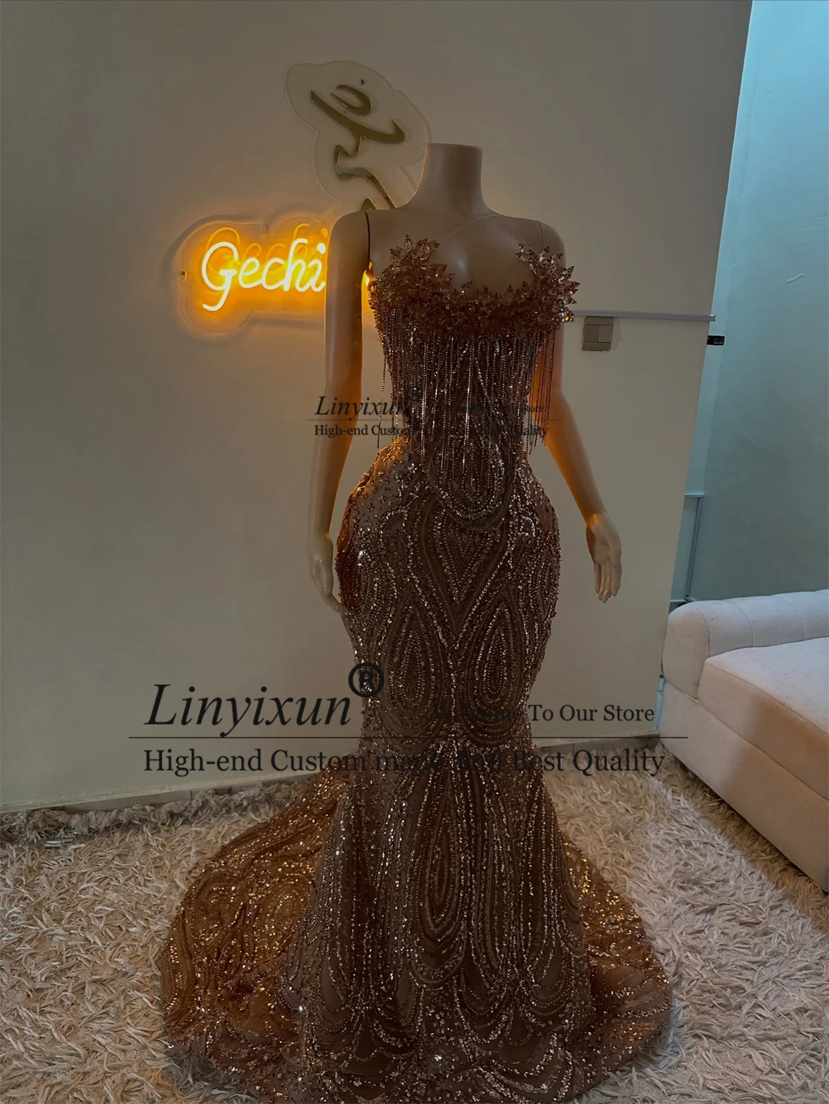 

Shiny Sequins Crystals Prom Dresses For Black Girls Customized 2 Sets Mermaid Evening Party Gown Aso Ebi Long robes de soirée