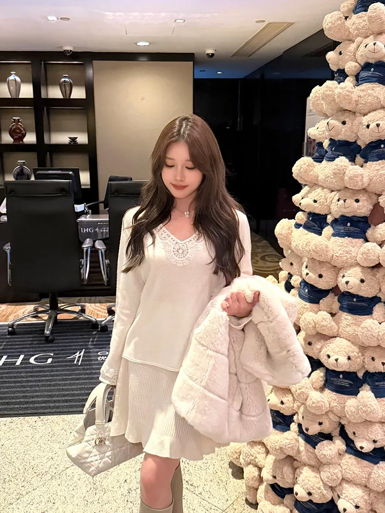 

Ele Sweet White Wool V-ne Knitted Sweater Inner Wear Precision hine Hook Flower Autumn Winter Casual Sle Long Sve