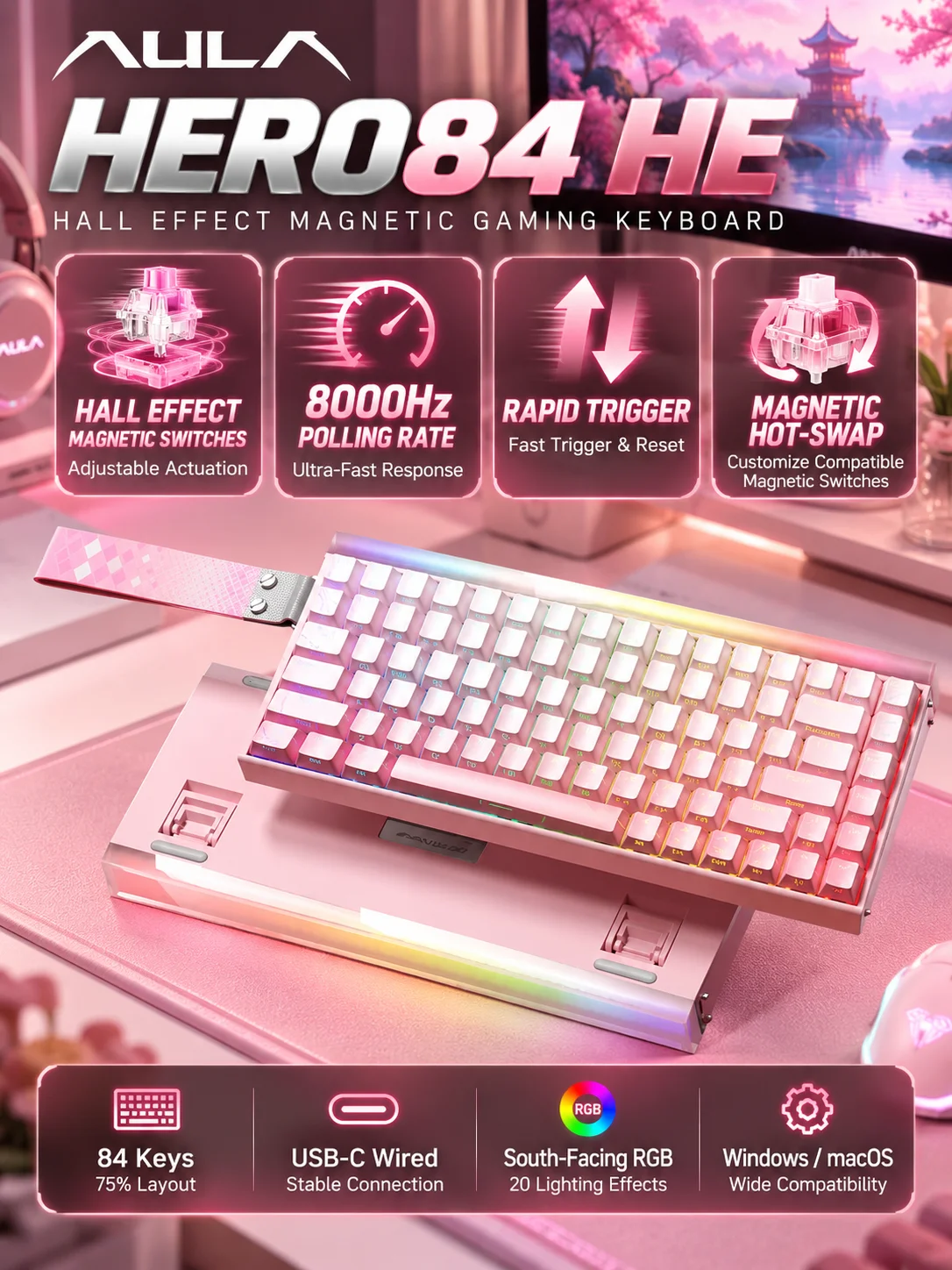 AULA HERO84 HE Magnetic Gaming Keyboard 84 Keys Hall Effect 8000Hz RGB Rapid Trigger Hot Swap