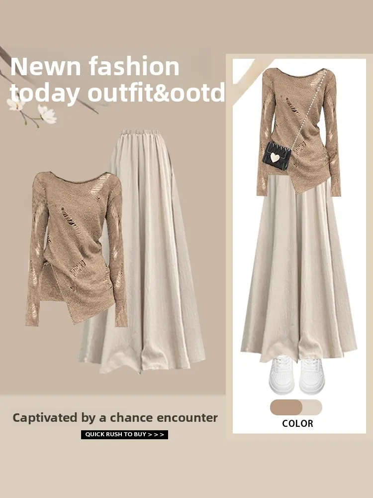 

Casual Versatile Knitted Hole Top Spring 2026 New Elegant Wide Leg Skirt Pants Two Piece Set Polyester Fiber Long Sleeve
