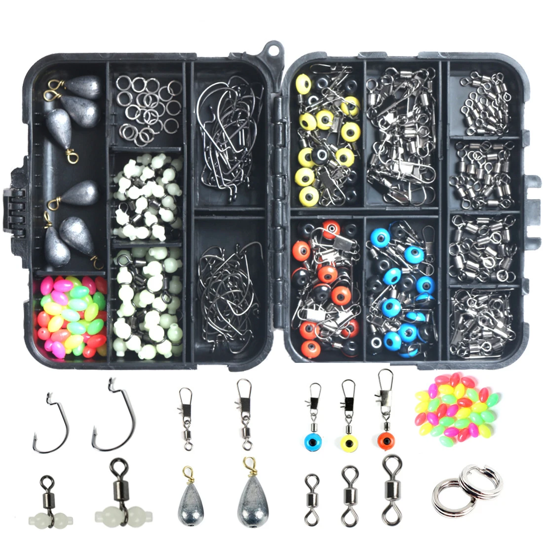 

251PCS Fishing Accessories Tackle With Jig Worm Hooks Beads Sinker Weights Swivels Snaps Split Rings For Freshwater Saltwater