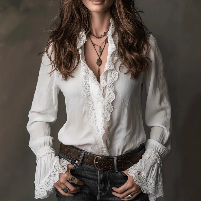 

Women's New Long Sleeve Lace Trim Blouse Spring Autumn Solid Color Boho V Neck Ruffled Flare Cuff Casual Women Shirt Top