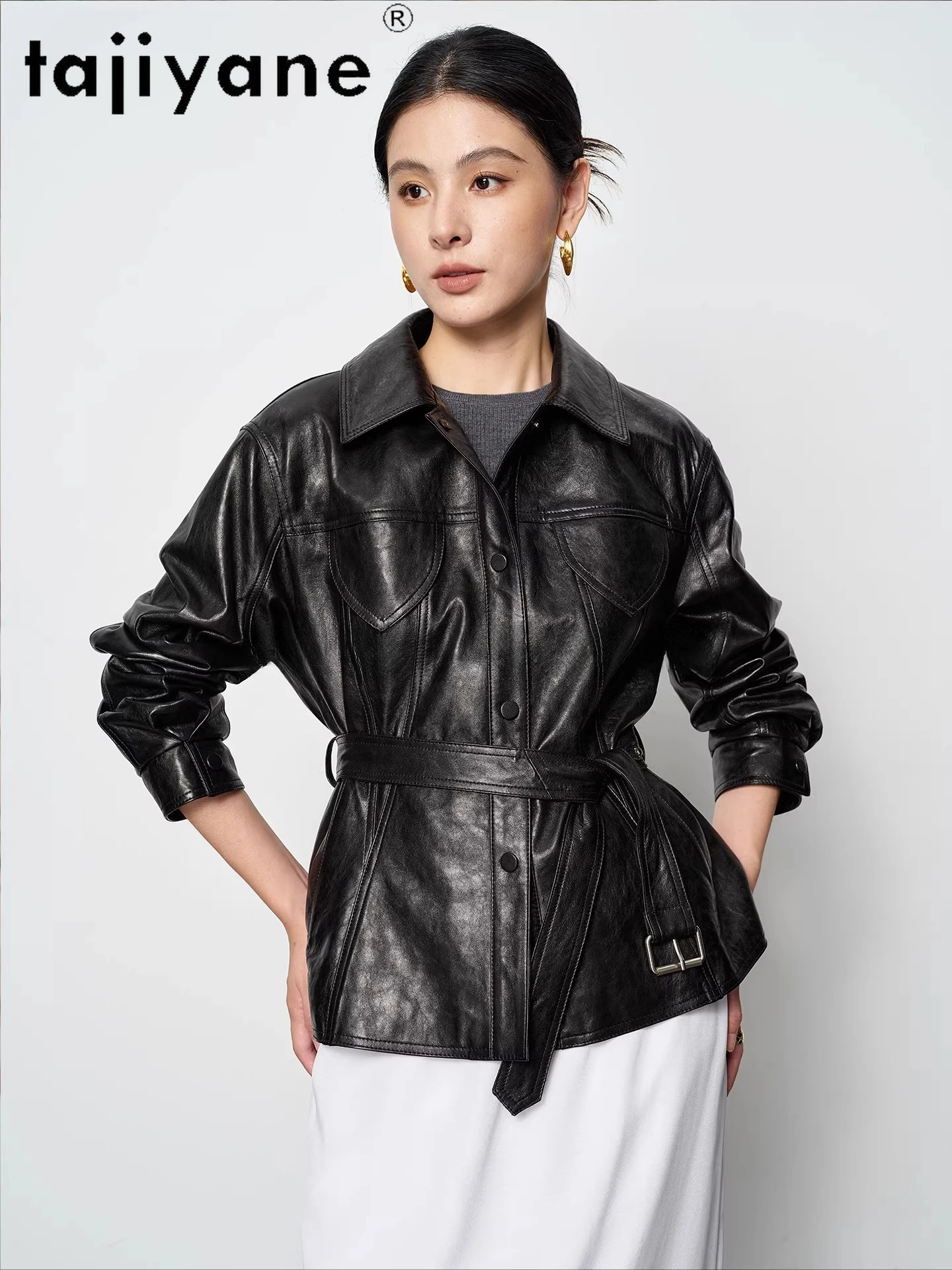 TAJIYANE السترات المصنوعة من جلد الغنم والشمع الزيتي الحقيقي معطف قصير بحزام سترة جلدية أصلية مميزة للمرأة 2025 ملابس الخريف 신상ААУটার