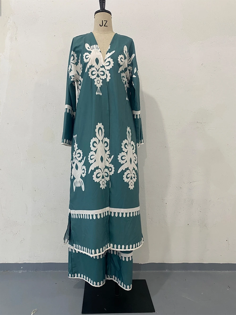 Conjunto de 2 piezas de color verde pavo real para mujer, vestido de noche con estampado bonito y cuello en V para verano, caftán clásico de manga larga