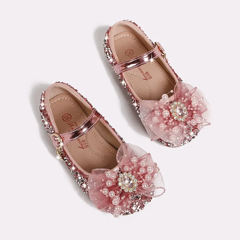 

2025 Autumn Children's Leather Shoes Girl Crystal Princess Shoes Fashion Sequin Bow Soft Sole Comfortable Baby Casual Footwear