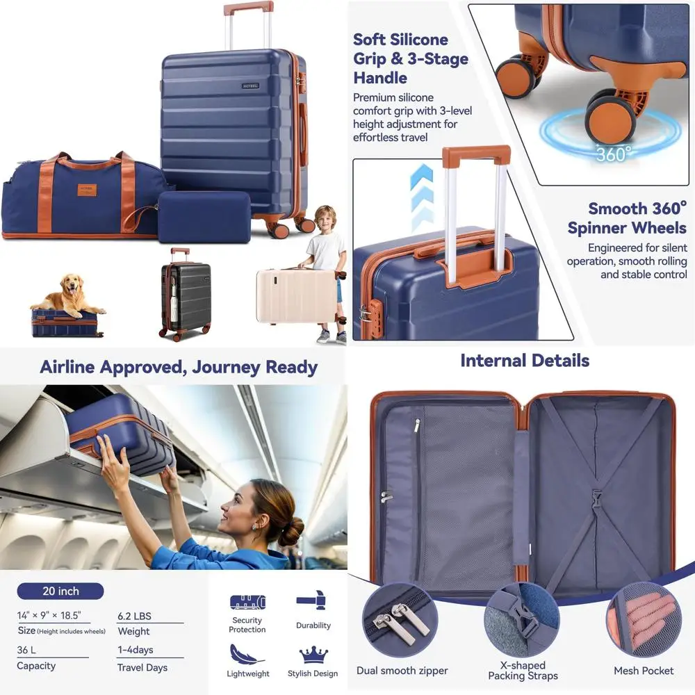 

Прочный набор чемоданов из трех предметов с гарантией 4 года, двойными вращающимися колесами, замком TSA и легким корпусом из АБС-пластика для мужчин и женщин, темно-синий