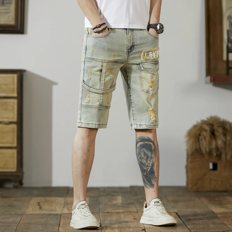 Summer New Men's High-End Denim Shorts Fashion Ripped Fifth Pants Fashion Brand Slim Fit Patchwork Stretch Motorcycle Pants