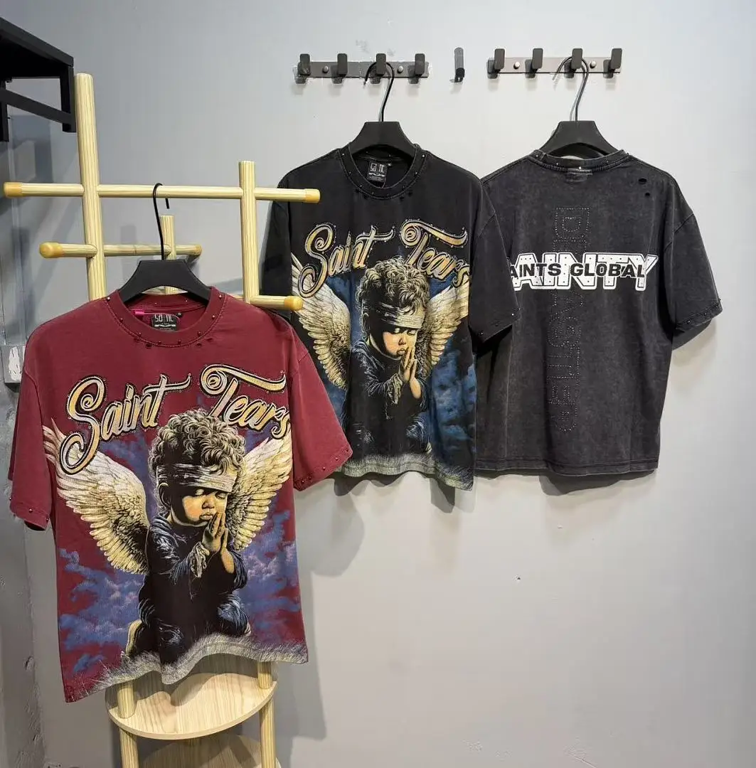 Saint Tears Vintage Washed T-shirt Rhinestone Letter Praying Angel Baby Graphic Print Oversized  Tee Unisex Streetwear Tees