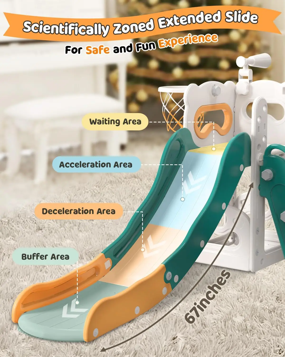 Toddler Slide, 6 in 1 Kids Indoor Slide for Toddlers 1-3, Kids Playground for Indoor Outdoor with Basketball Hoop and Telescope,