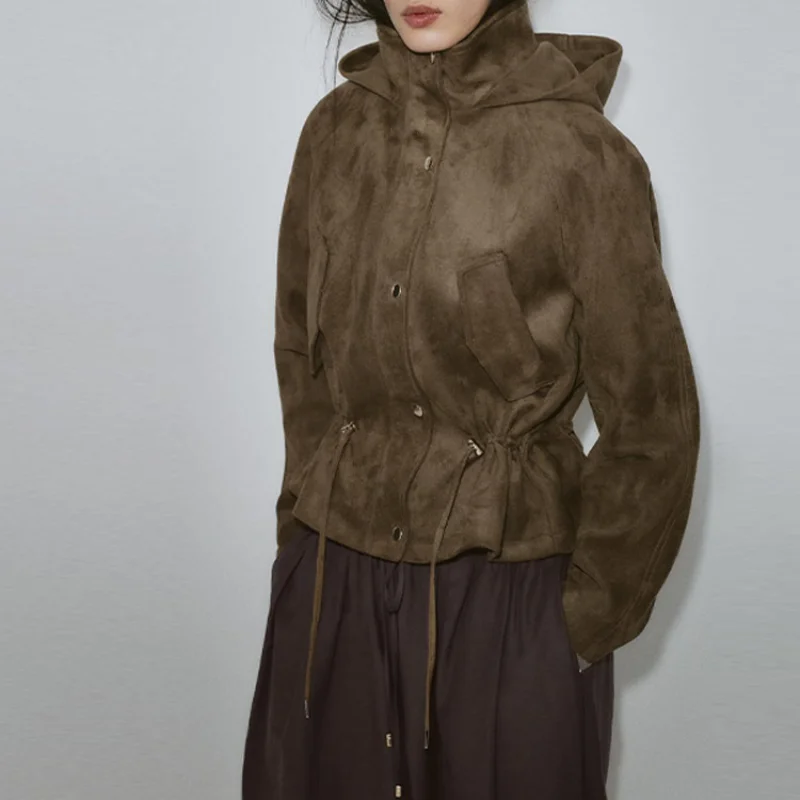 

Women's Vintage Drawstring Waistband Jacket Solid Color Long Sleeved Hooded Coats 2025 New Lady Autumn Winter Commuting Outwear