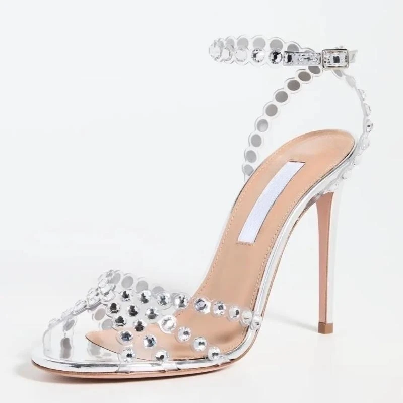 Transparent Strip Crystal High-heeled Wedding Embellished Silver Sandals Strap Party High Thin Heel Sandals Women's Shoes