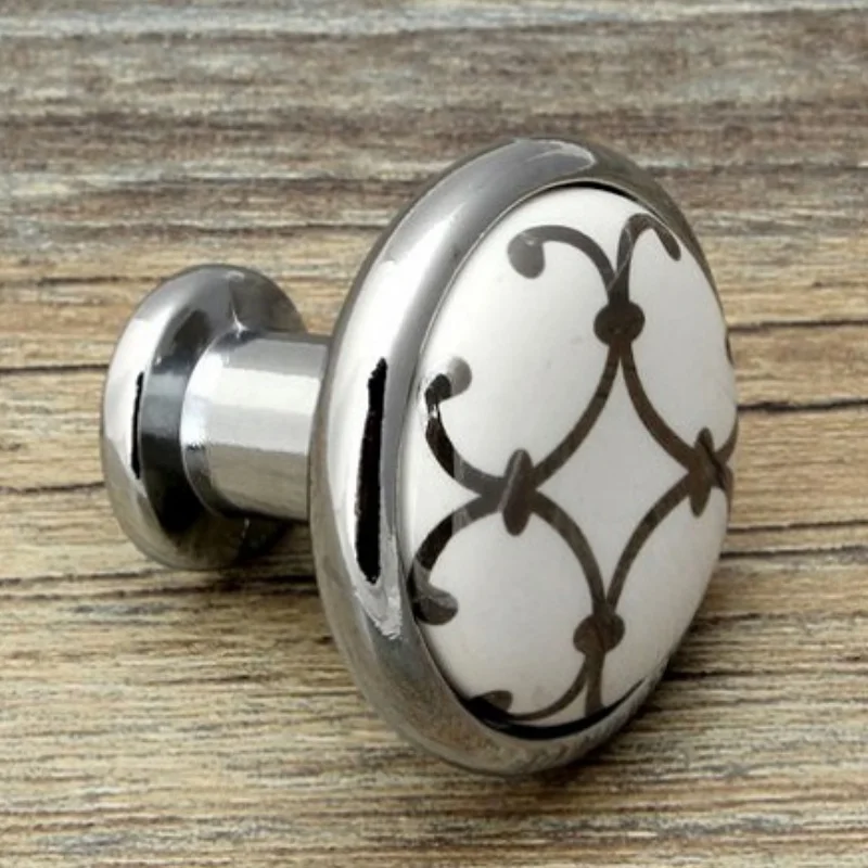 Drawer Knobs Silver Flower Printed White Ceramic Furniture Handle Modern Simple Classic Kitchen Cabinet Pulls Dresser Handle