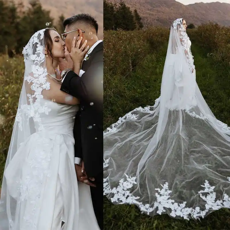 

Cathedral Bridal Veils Tulle Appliqued One Layer Wedding Veil With Comb Wedding Accessories Customized