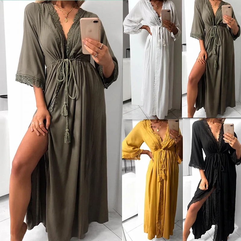 Sanderala Womens Long Robe Homewear Soft Hollow Lace Tie Up Waist Slim Casual Long Loose Robedress Maxi V Neck Bathdress Festa