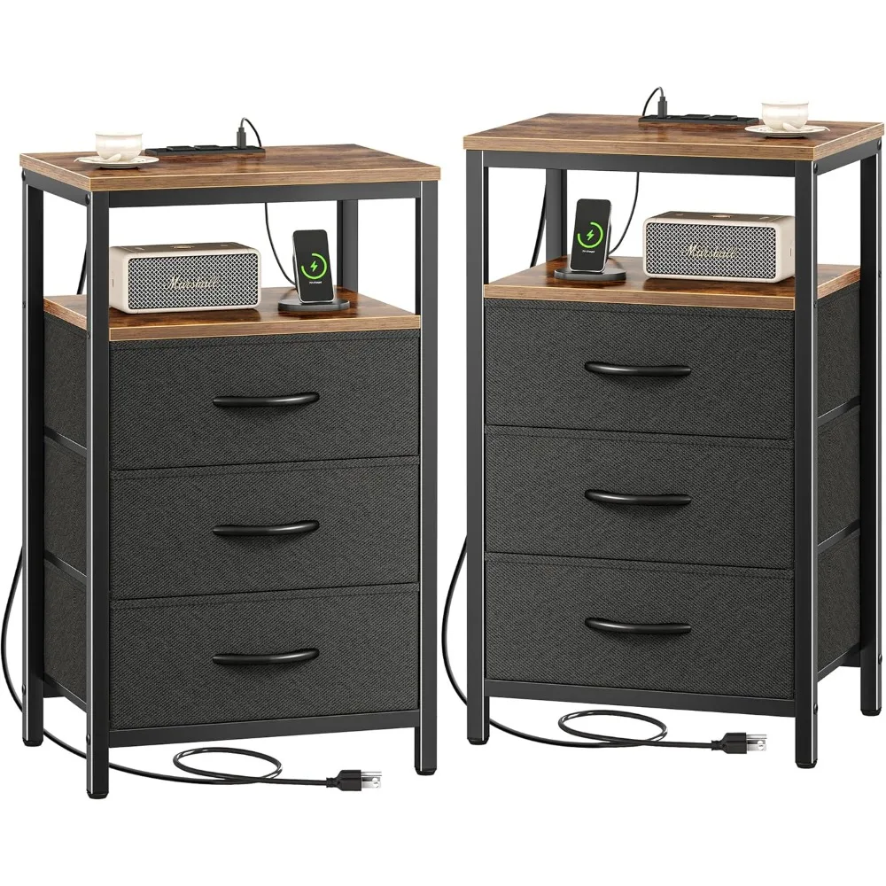 Nightstands Set of 2, 27.6 Inch End Tables with Charging Station, Side Tables with Fabric Drawers, Bedside Tables with USB Port