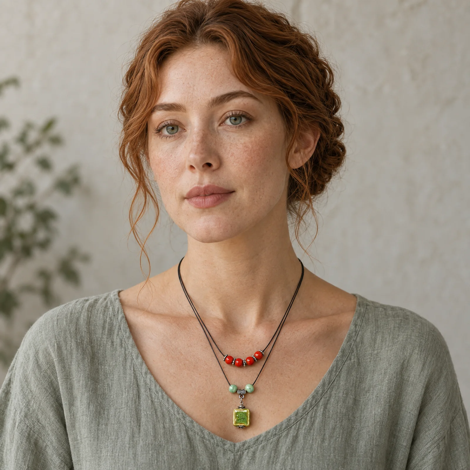 Handmade Ceramic Bead Necklace with Green Red Square Beads Waxed Cord Handwoven Metal Accent Bead Necklace Jewelry 609P5-18