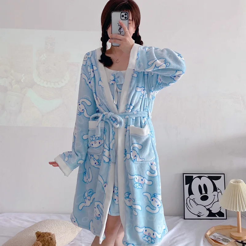 Cinnamoroll Nightgown Sanrio Anime Sexy Thick Warm Flannel Print Nightgowns Robes Set For Women Sleepwear Bathrobe Night Dress