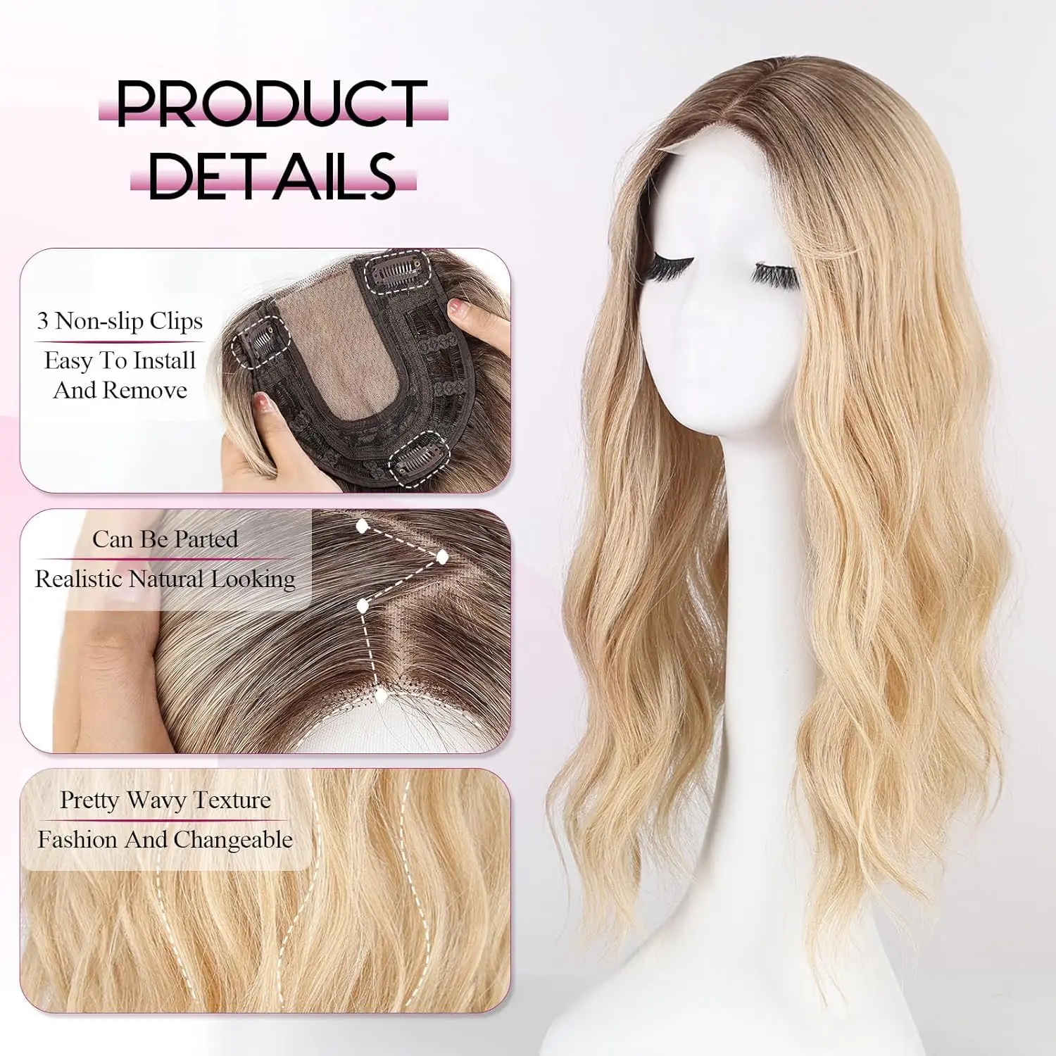 Blonde Ombre Loose Wavy Synthetic Hair Clip in Hair Toppers for Women with Thin Hair Swiss Base Hair Pieces Daily Heat Resistant