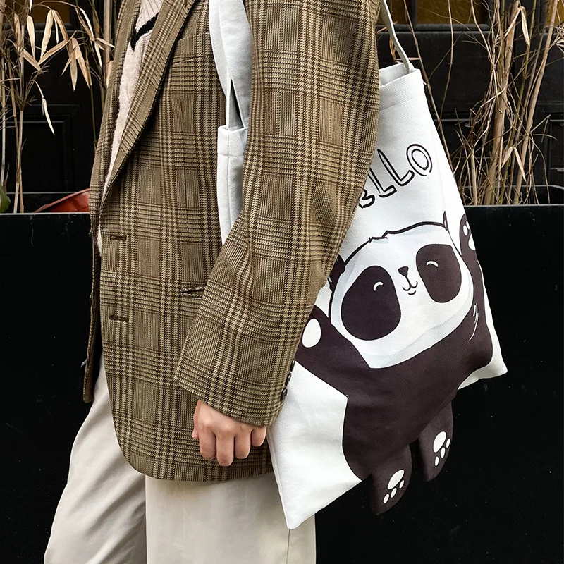 Cute Panda Lion Canvas Shopping Eco Bag Simple Minimalism Designer Tote novità Animal Print due spallacci all'ingrosso