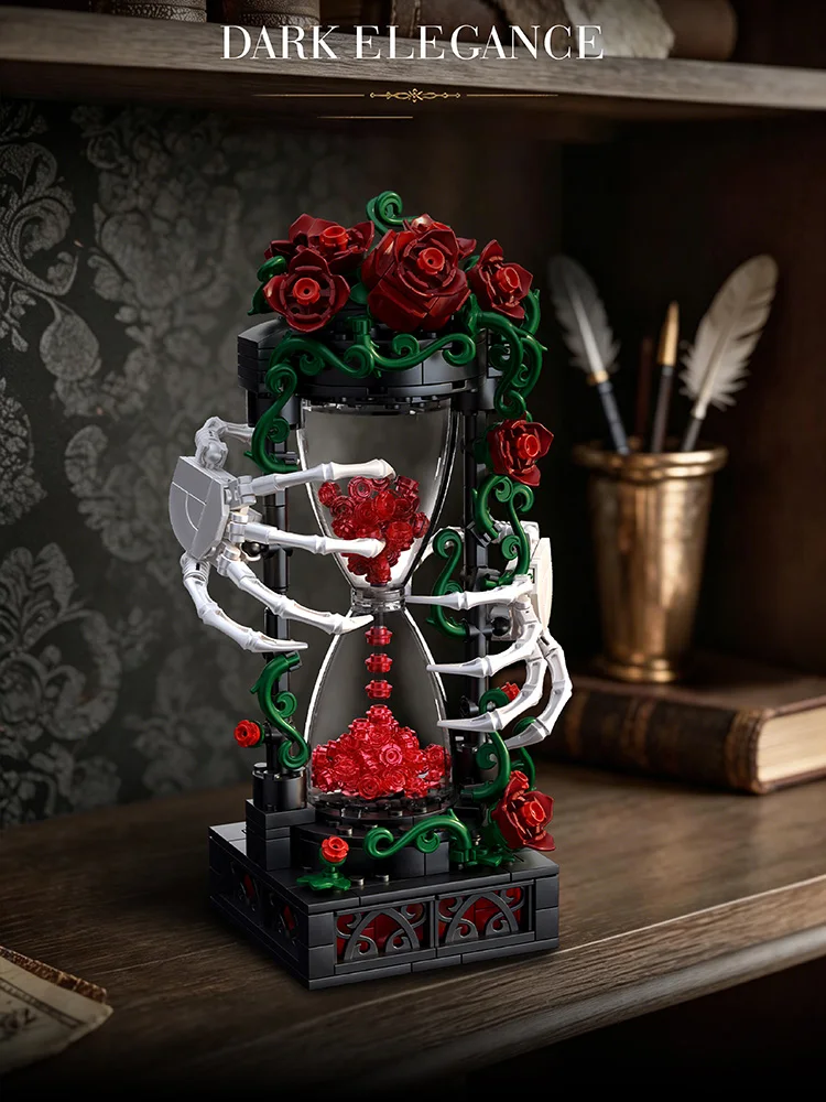 Gotische Totenkopf-Hand-Rosen-Sanduhr-Bausteine, Gothic-Stil Montagemodell, Skelett-Sanduhr, Nischen-Ornament, Kreatives Valentinstagsgeschenk für Paare