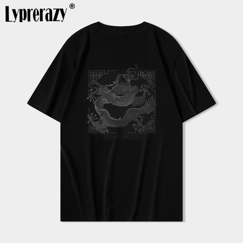 

Lyprerazy Chinese Style Dragon Embroidery Short-sleeved Men T-shirt Summer Cotton Loose Tops Tees